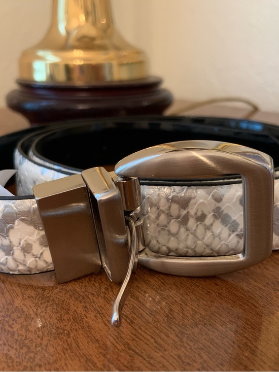 Accessories - Women’s White Snake-Texture Leather Belt with Brushed Silver Buckle